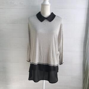 NWT Gilli - Black & ivory striped long collared tunic top, LP